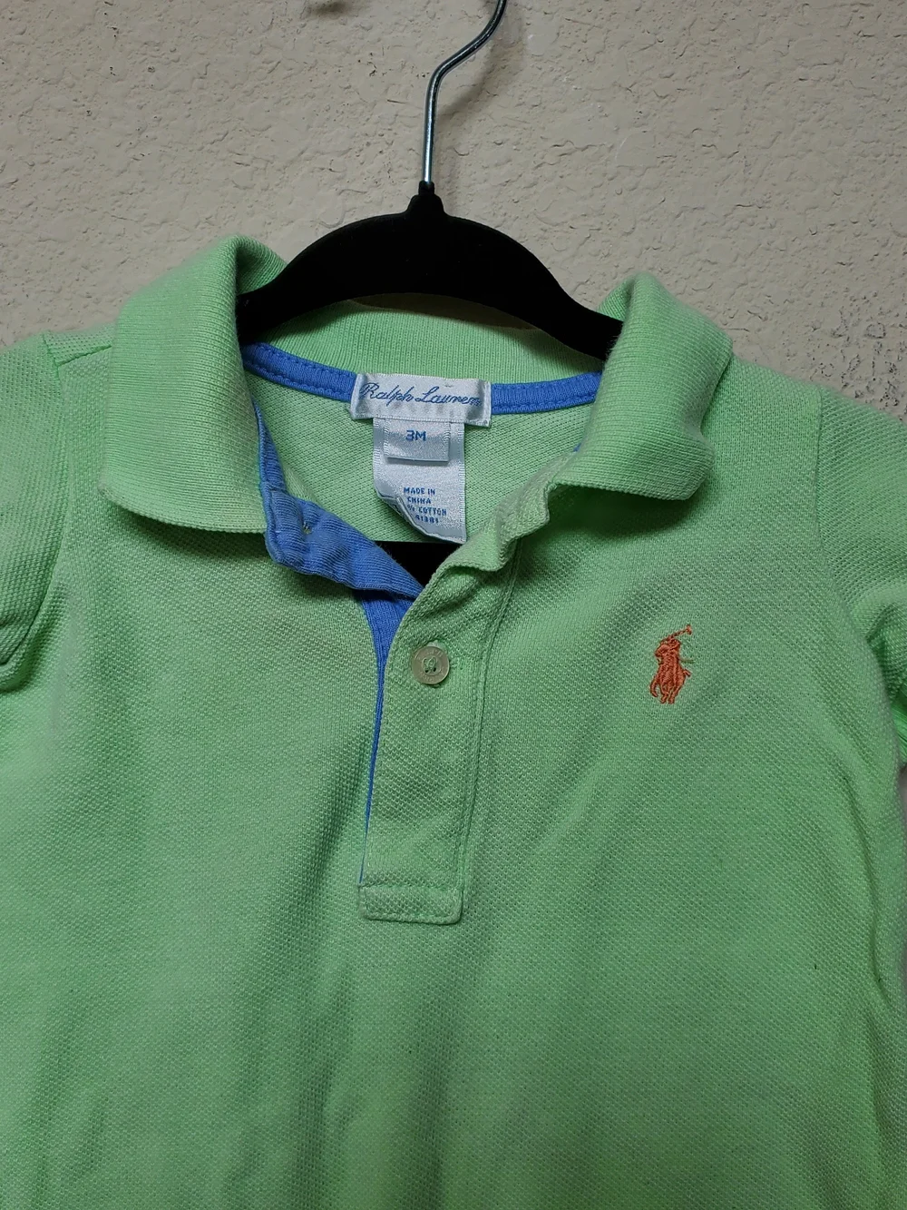 Ralph Lauren Light Green Polo Romper with Orange Pony.  Size 3 Mth